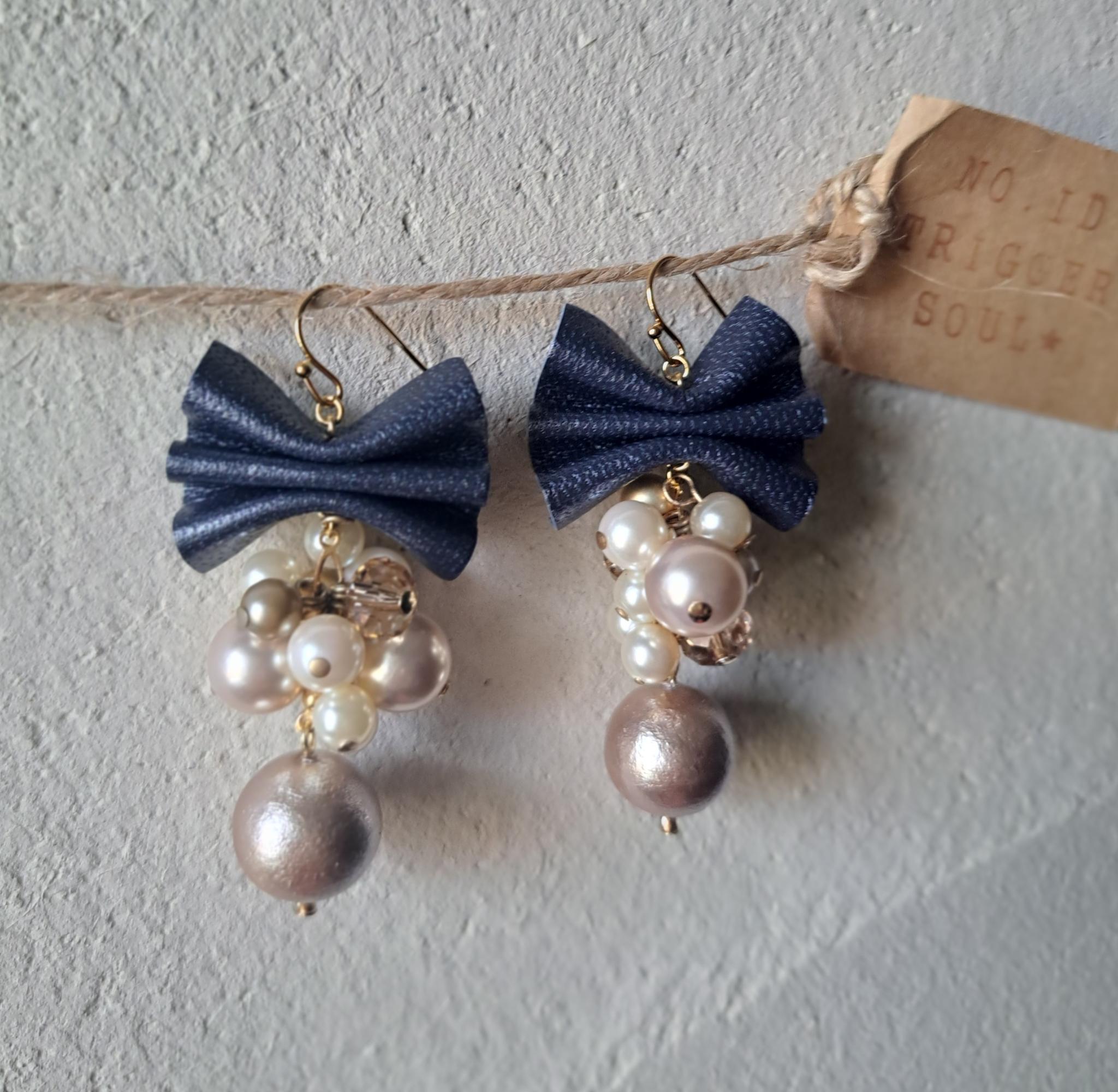 【本革リボン】コットンパールmixネイビーリボン/3秒でドレスアップ。サスティナブルアクセサリー(Ｃ24B) | 3枚目