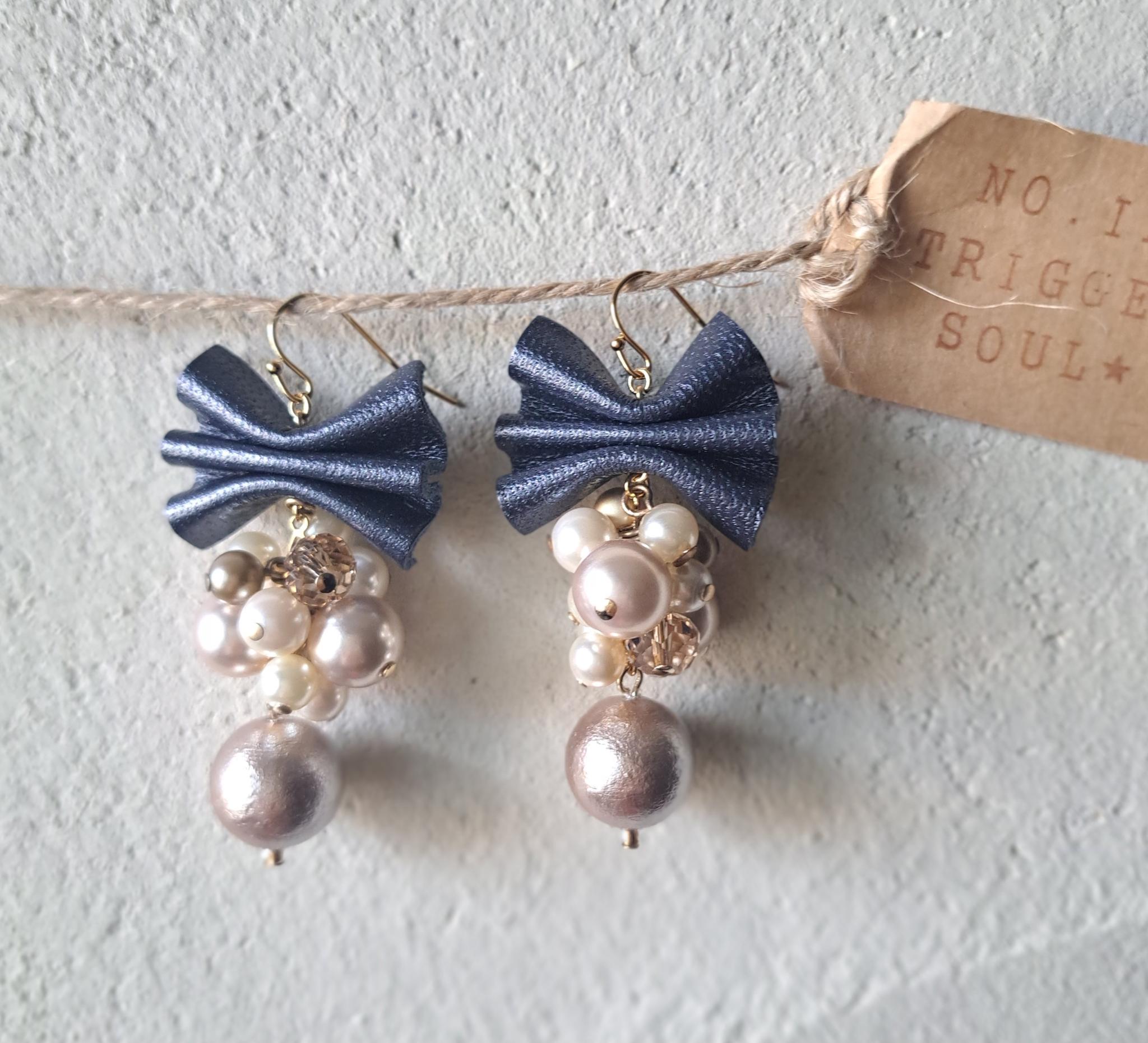 【本革リボン】コットンパールmixネイビーリボン/3秒でドレスアップ。サスティナブルアクセサリー(Ｃ24B) | 4枚目