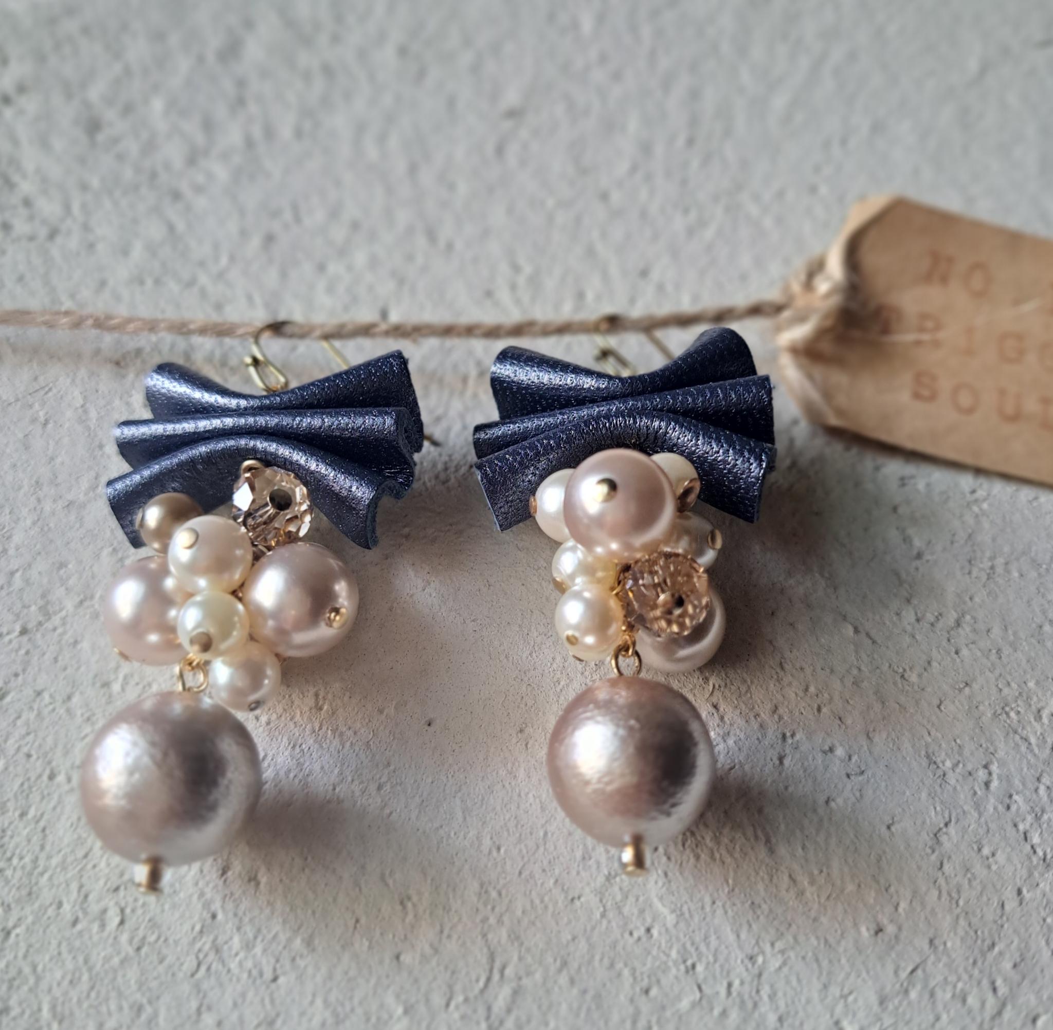 【本革リボン】コットンパールmixネイビーリボン/3秒でドレスアップ。サスティナブルアクセサリー(Ｃ24B) | 5枚目