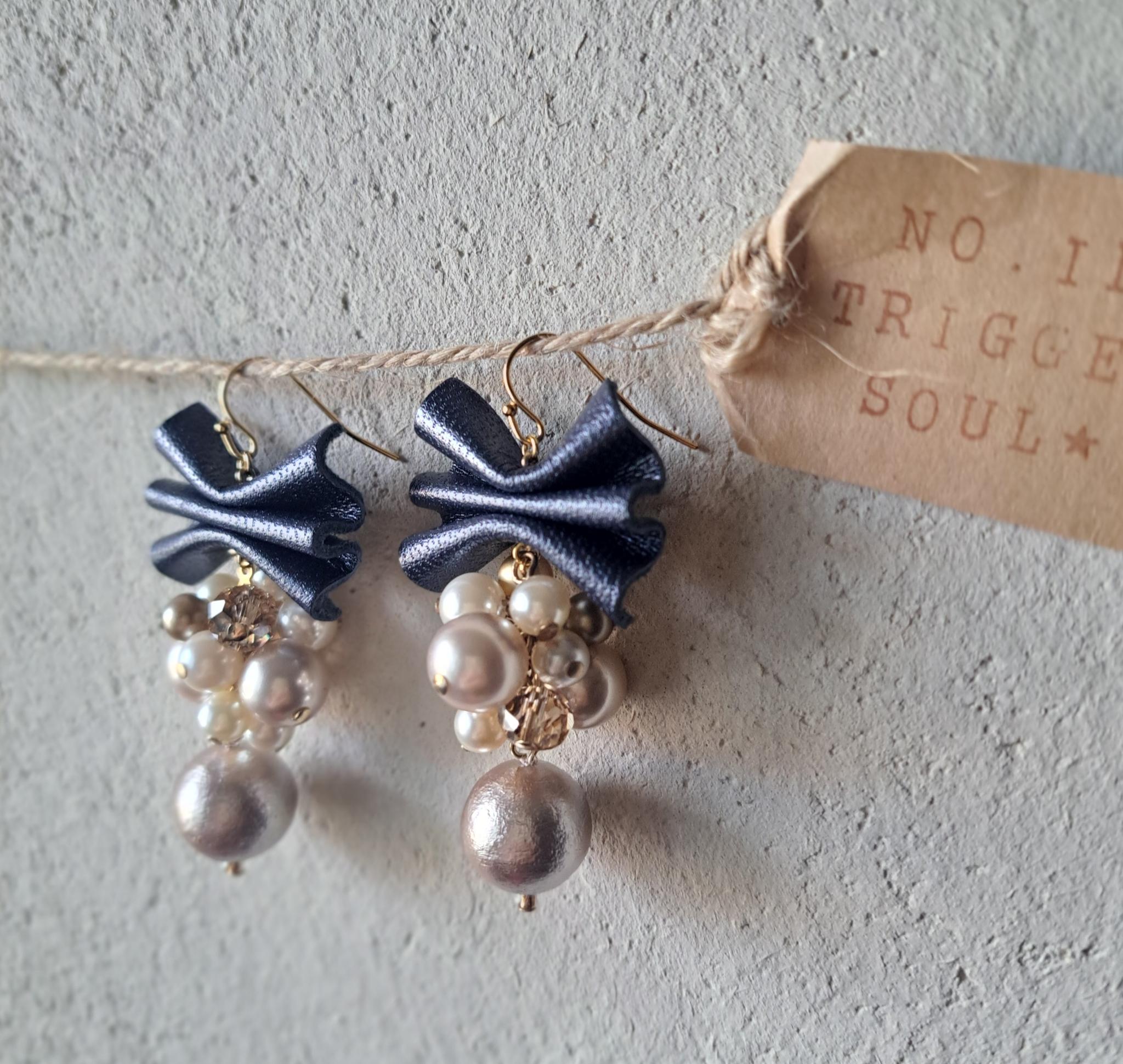 【本革リボン】コットンパールmixネイビーリボン/3秒でドレスアップ。サスティナブルアクセサリー(Ｃ24B) | 8枚目