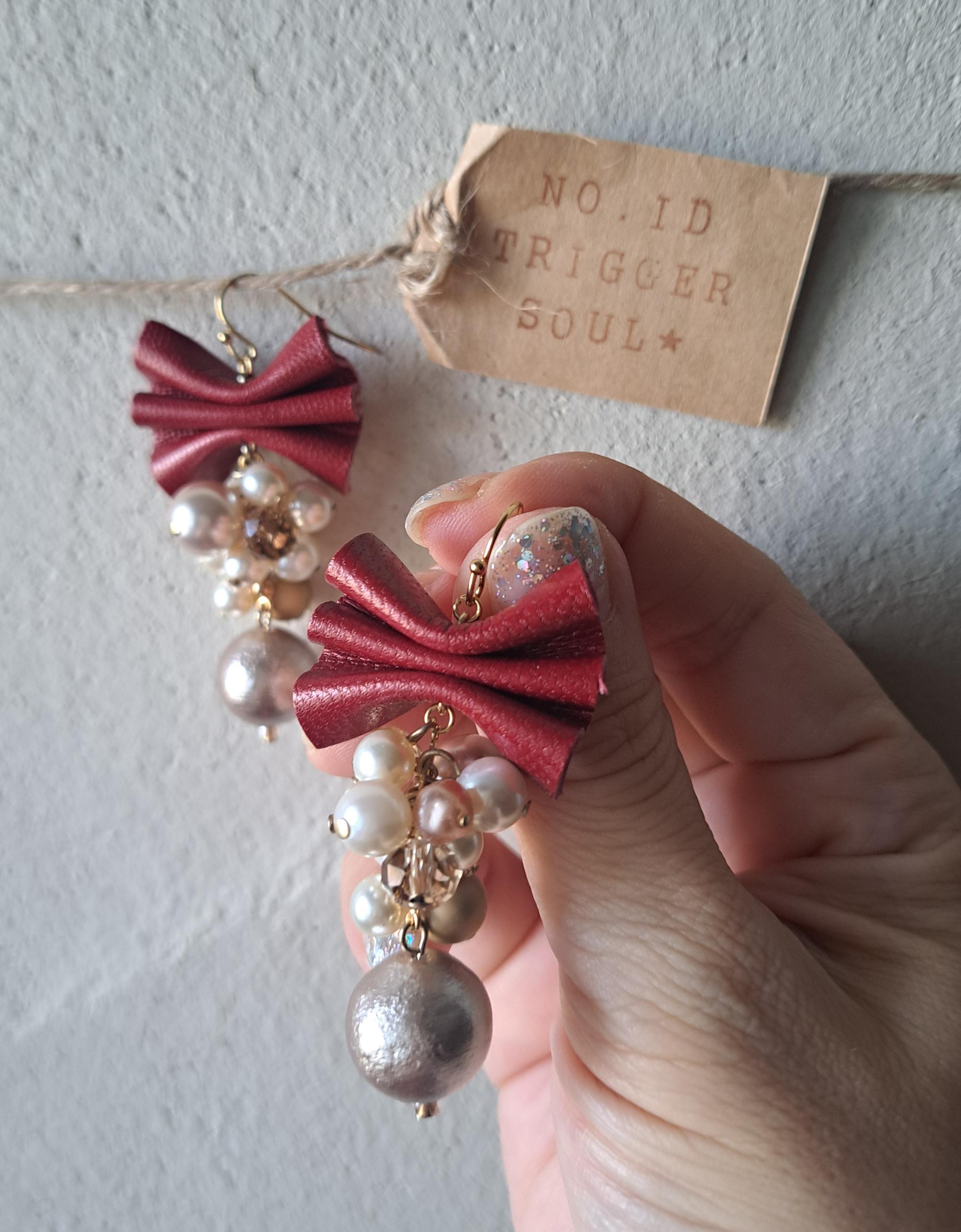 【本革リボン】コットンパールmixレッドリボン/3秒でドレスアップ。サスティナブルアクセサリー(Ｃ24C) | 10枚目