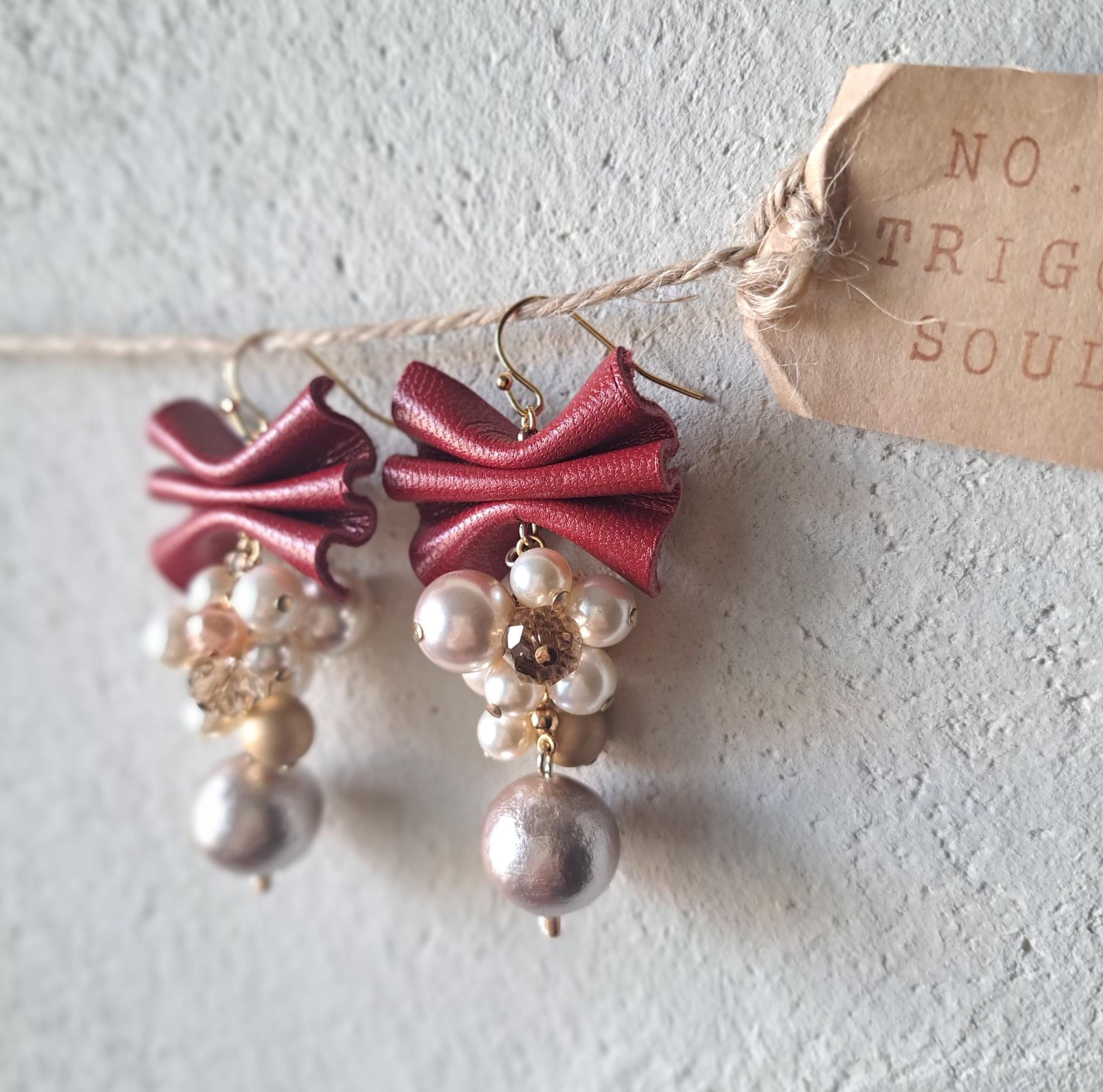 【本革リボン】コットンパールmixレッドリボン/3秒でドレスアップ。サスティナブルアクセサリー(Ｃ24C) | 3枚目