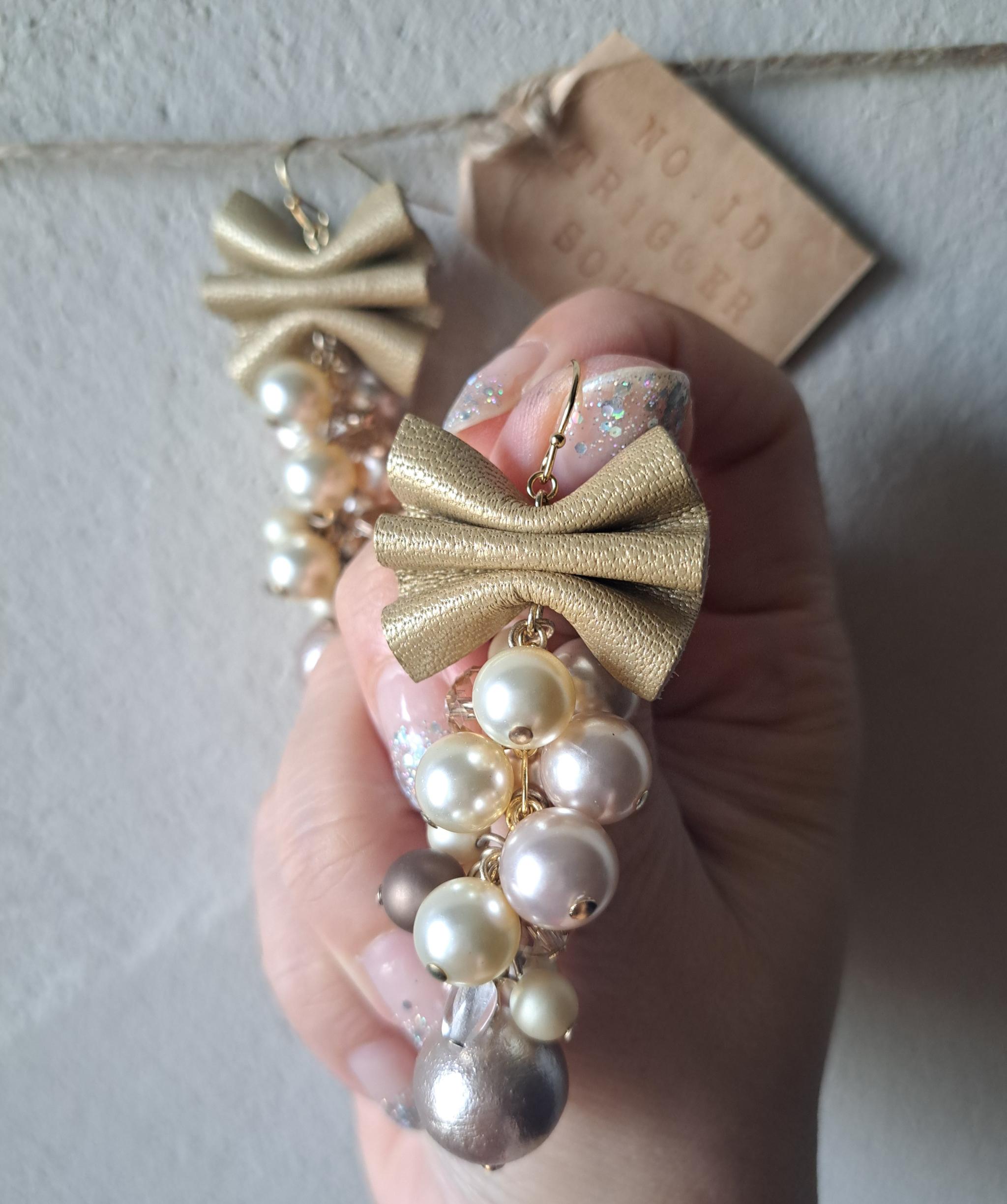 本革DXコットンパールmixゴールドベージュリボン/3秒でドレスアップ。サスティナブルアクセサリー(Ｃ24K) | 5枚目