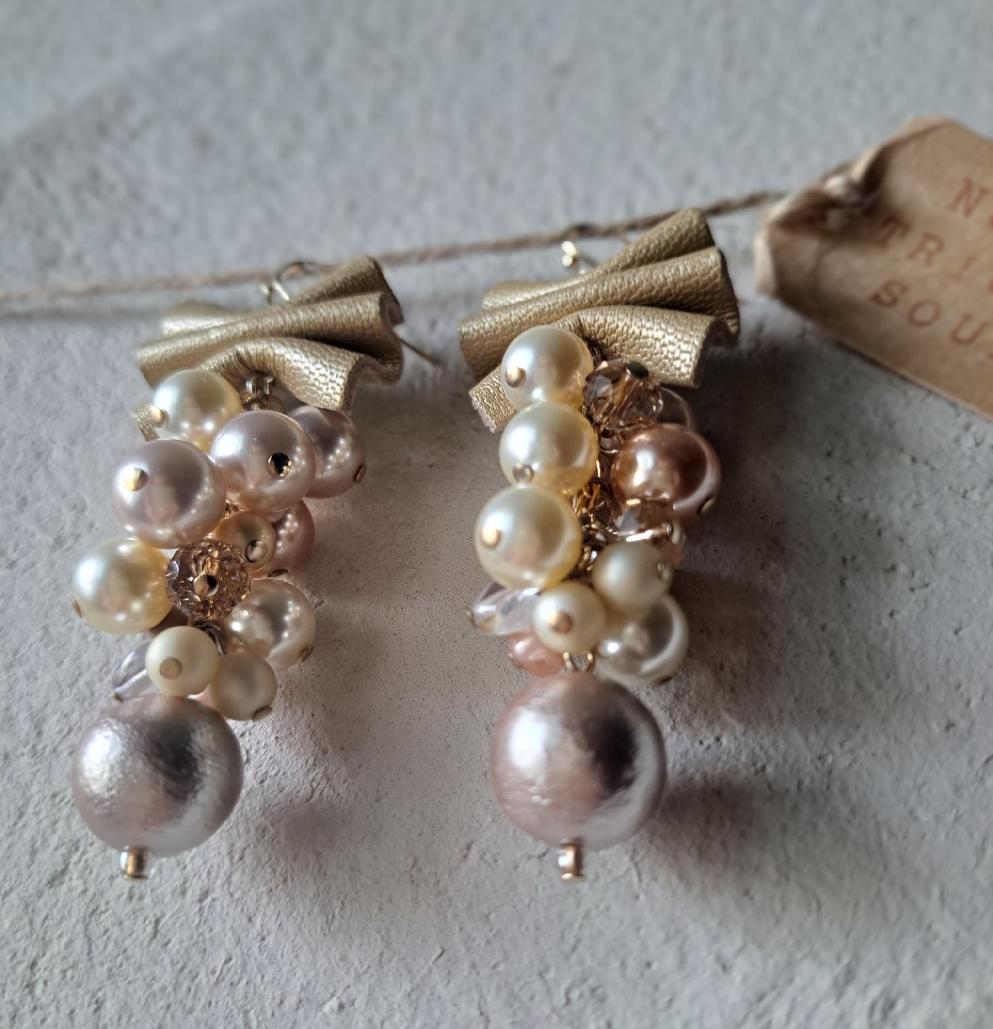 本革DXコットンパールmixゴールドベージュリボン/3秒でドレスアップ。サスティナブルアクセサリー(Ｃ24K) | 6枚目